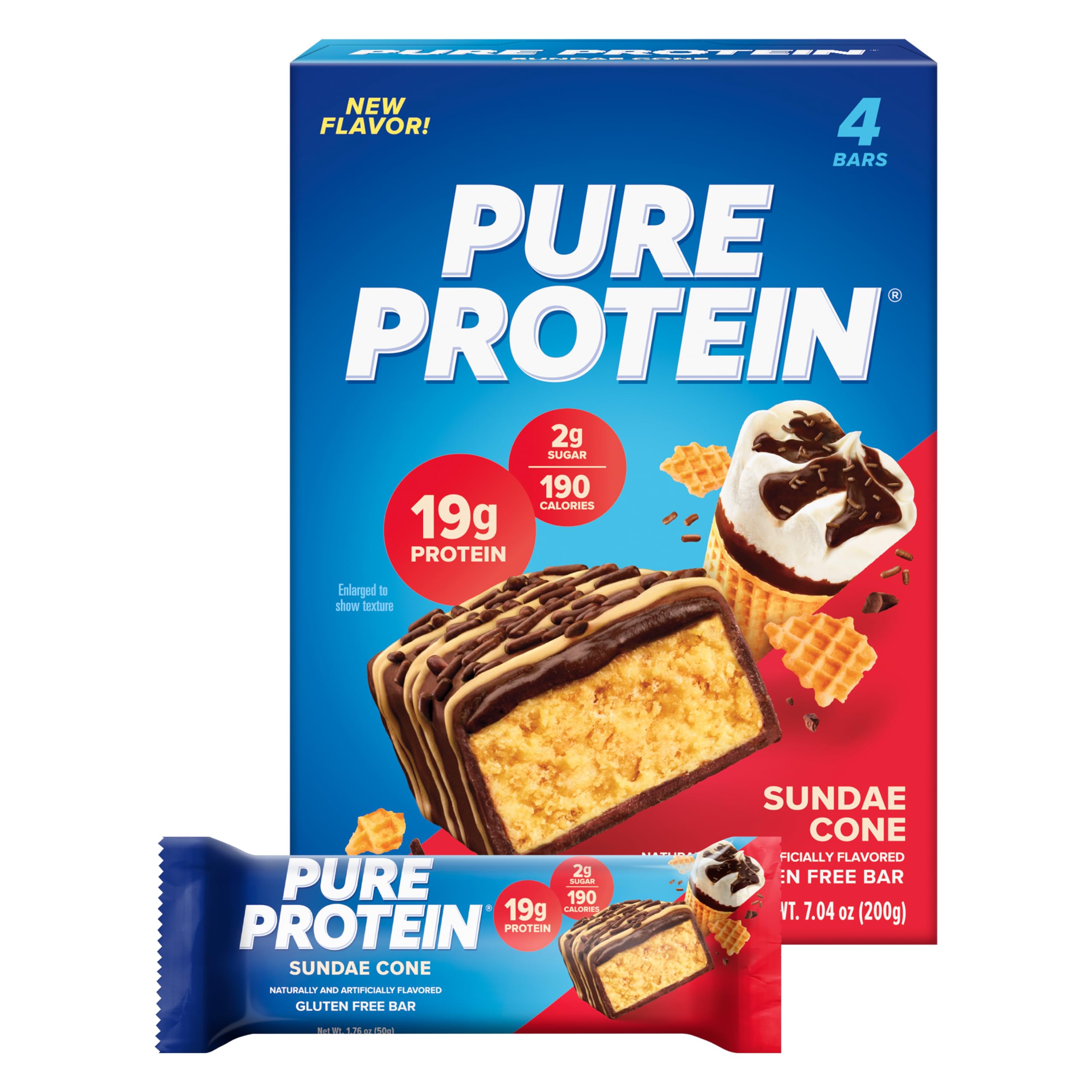 Pure Protein Sundae Cone bar box four-count showcasing high protein and gluten-free snack
