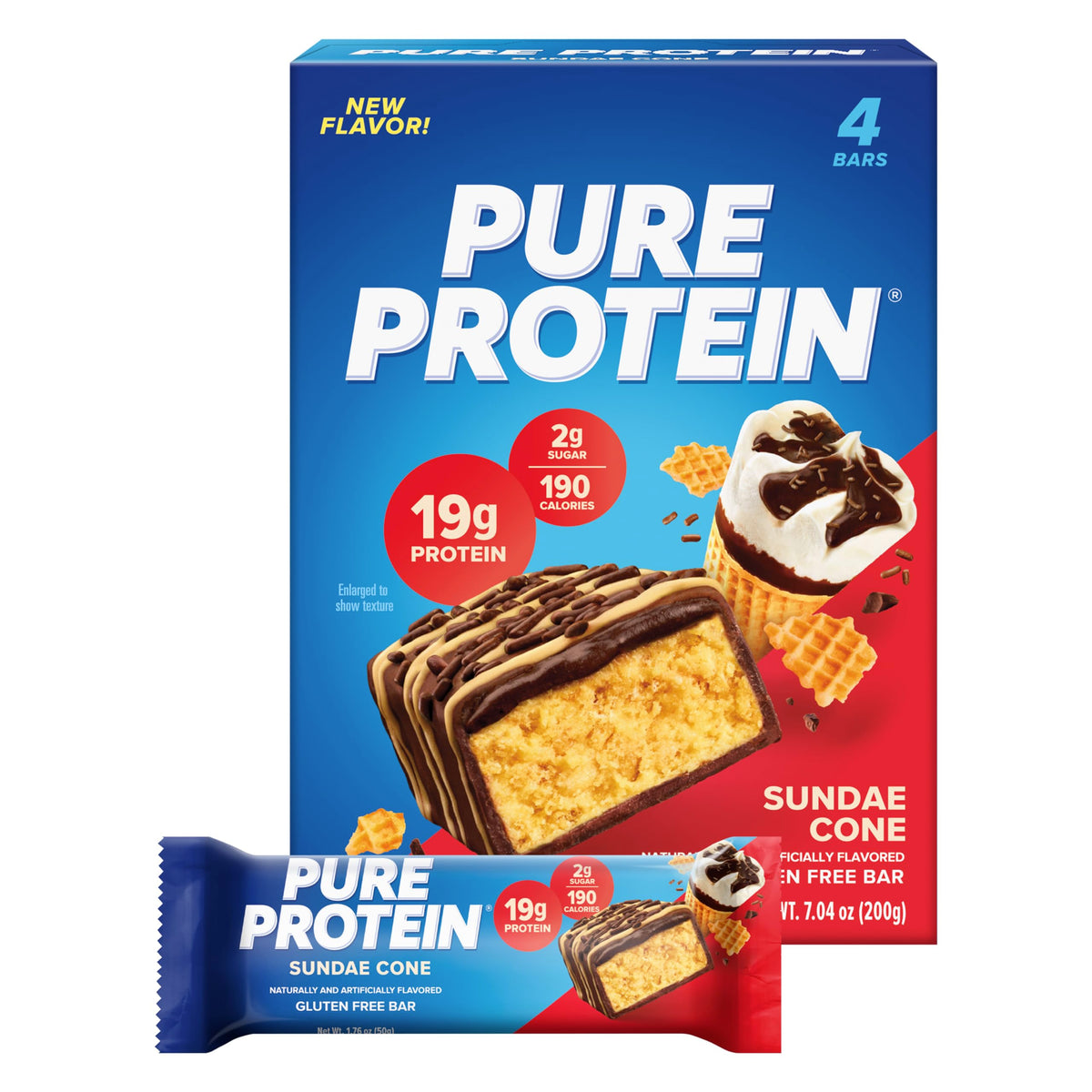 Pure Protein Sundae Cone bar box four-count showcasing high protein and gluten-free snack