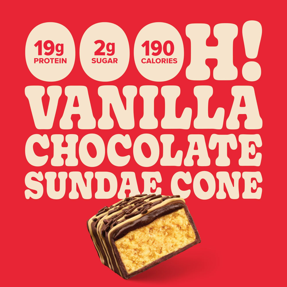 Pure Protein Sundae Cone bar front view highlighting indulgent flavor and protein content