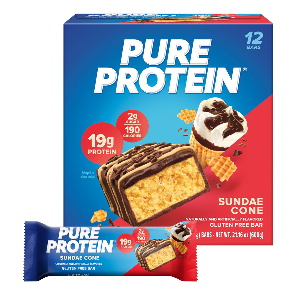 Pure Protein Sundae Cone bar packaging highlights gluten-free, high-protein nutrition.