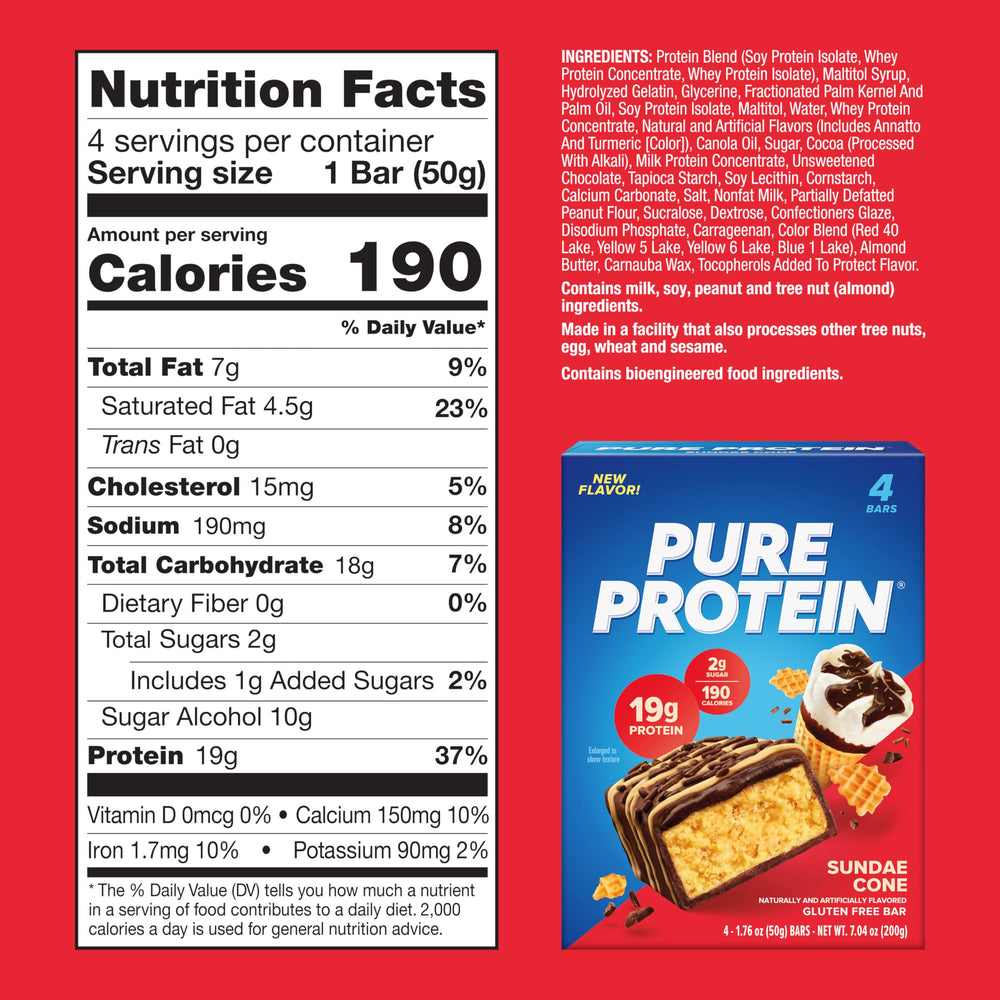 Pure Protein Sundae Cone bar wrapper close-up shows gluten-free delicious snack option