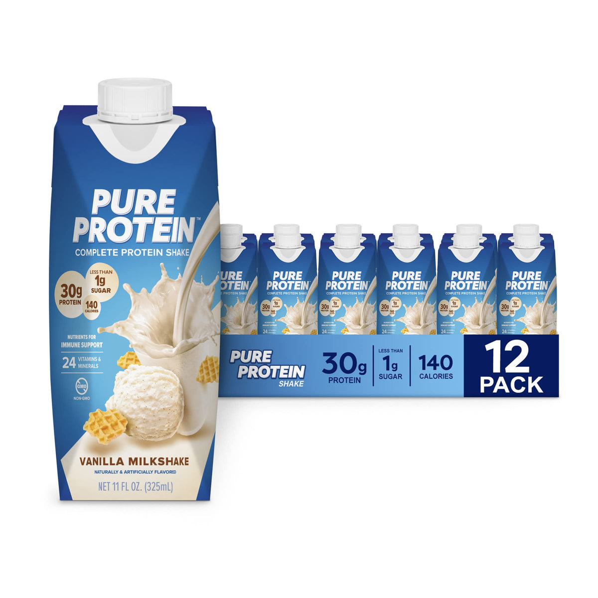 Pure Protein Vanilla Shake bottle shows 30g protein per serving for lean muscle support.