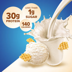 Pure Protein Vanilla Shake packaging emphasizes low sugar and immune-support vitamins.