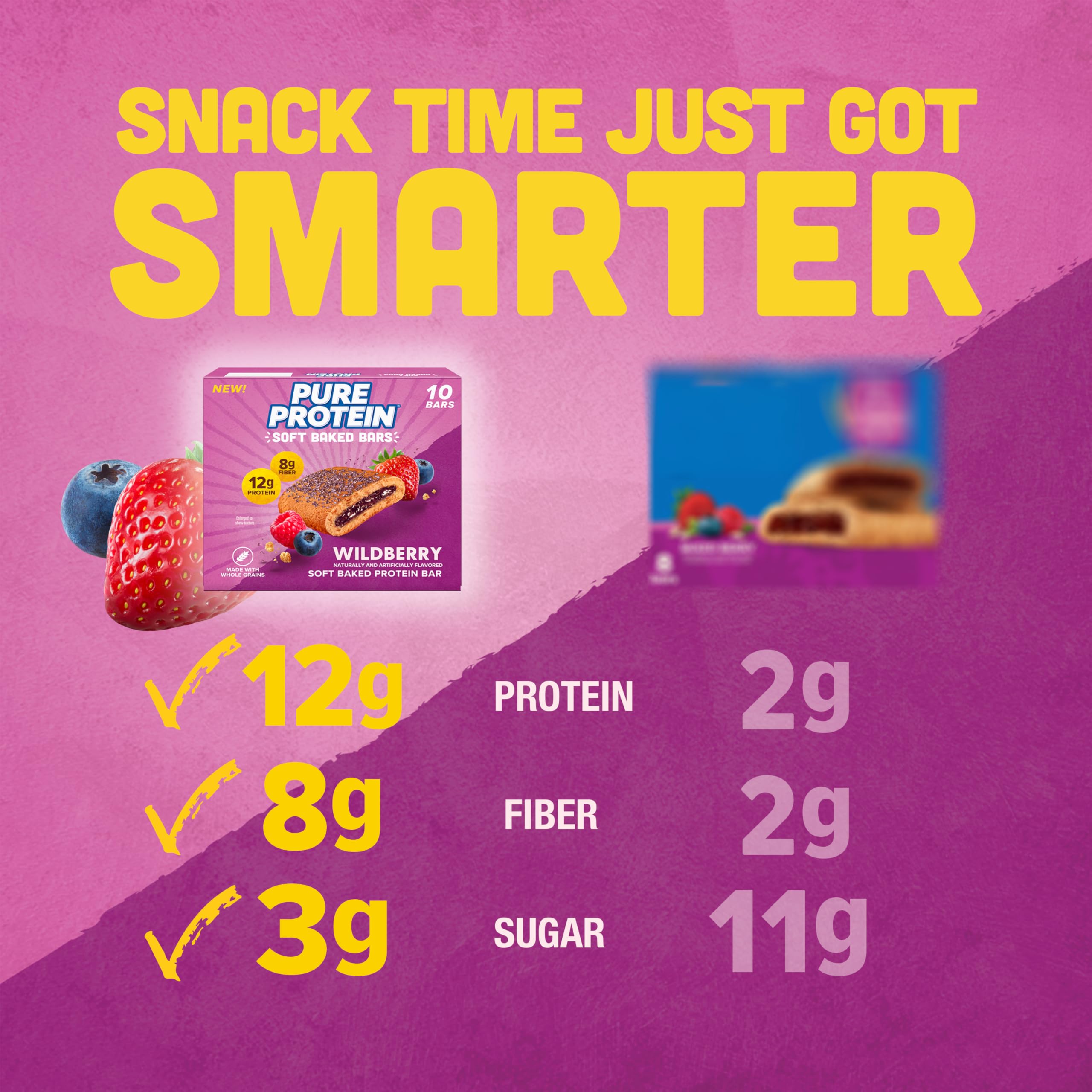 Pure Protein Wildberry Bar nutrition highlights include 12g protein and 8g fiber.