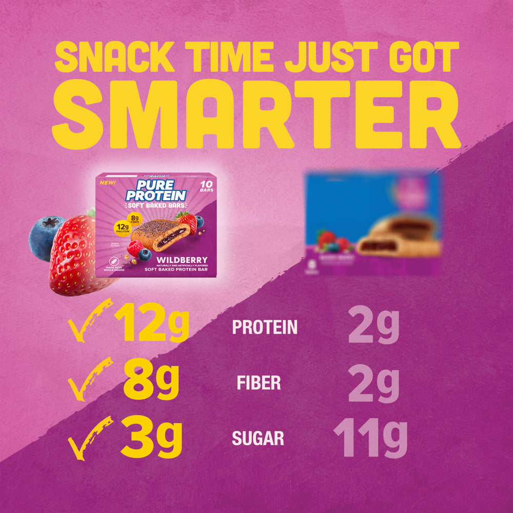 Pure Protein Wildberry Bar nutrition highlights include 12g protein and 8g fiber.