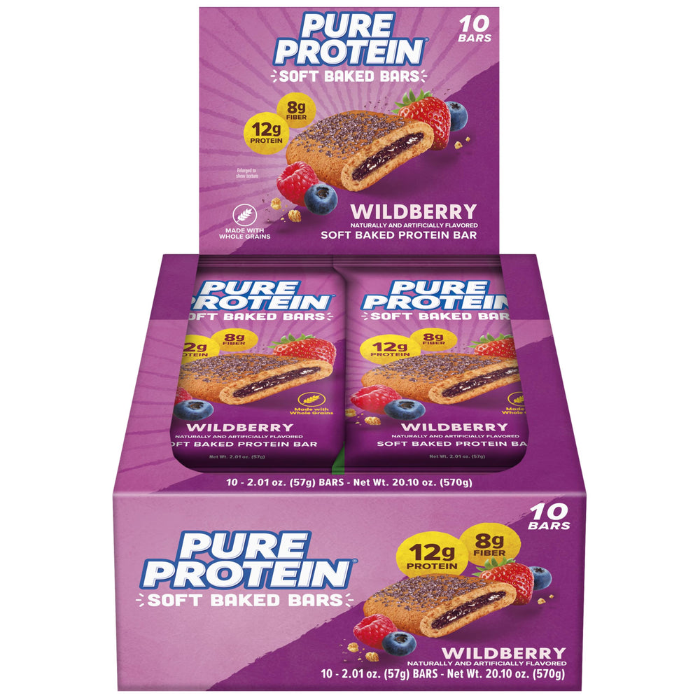 Pure Protein Wildberry Soft Baked Bar wrapper—convenient, individually wrapped on-the-go snack.