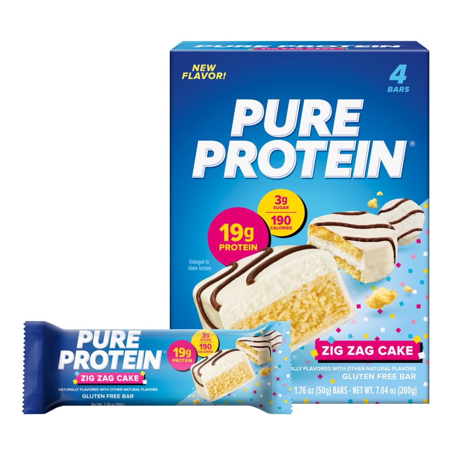 Pure Protein Zig Zag Cake Bar packaging shows four bars for pantry convenience.
