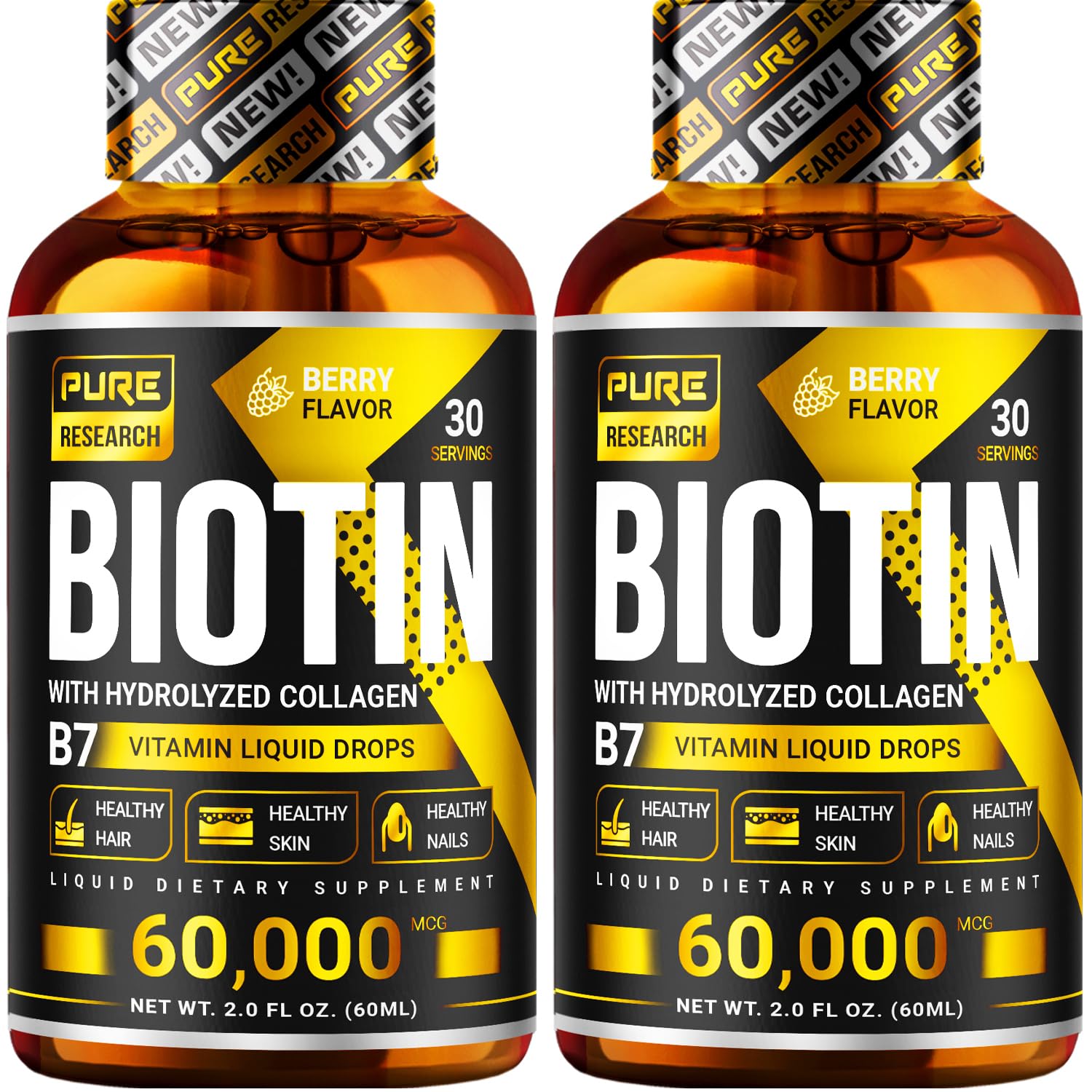 PURE RESEARCH Biotin & Collagen Drops bottle highlights high potency for hair and nails.