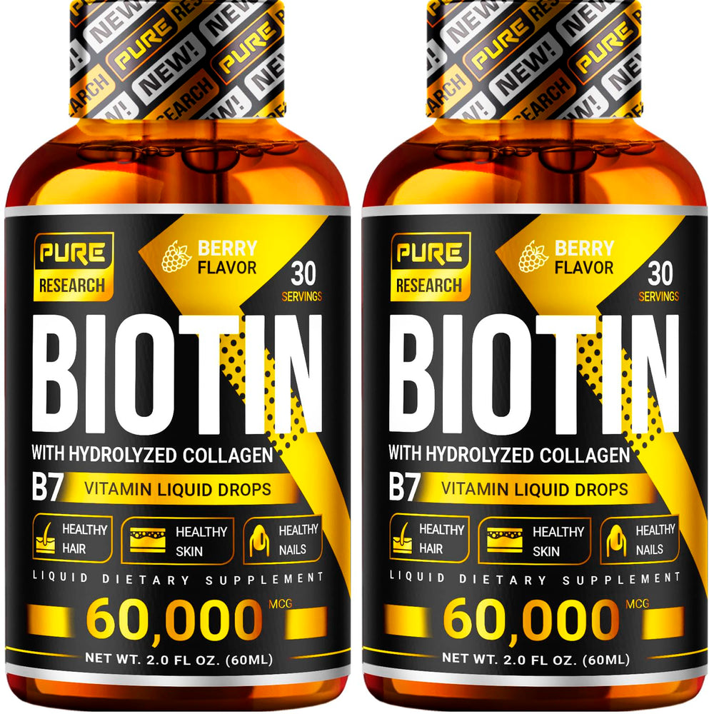 PURE RESEARCH Biotin & Collagen Drops bottle highlights high potency for hair and nails.