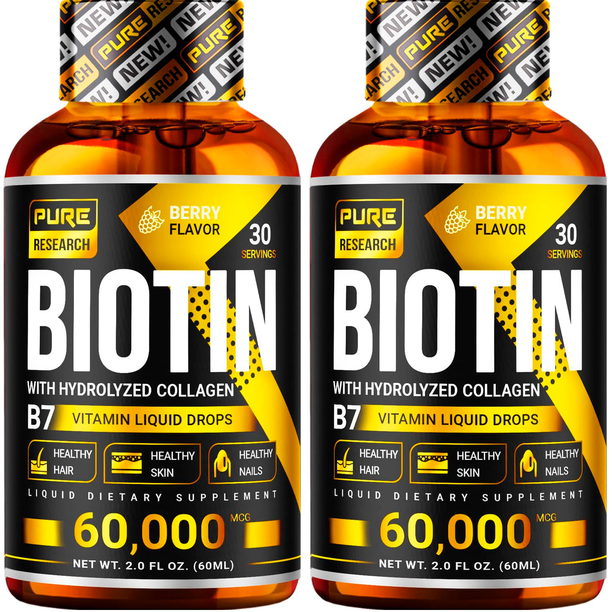 PURE RESEARCH Biotin & Collagen Drops bottle highlights high potency for hair and nails.