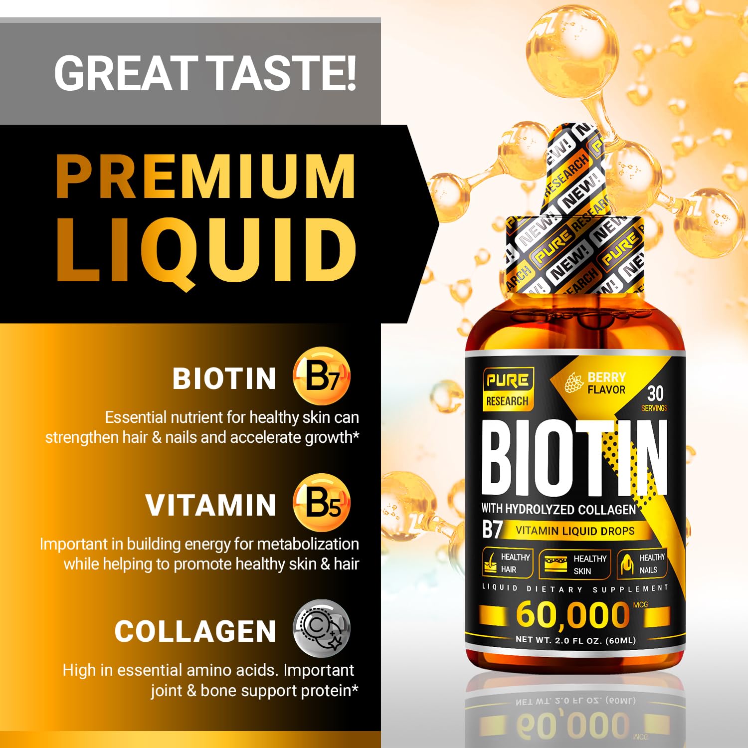 PURE RESEARCH Biotin & Collagen Drops dropper measures 1 mL serving.