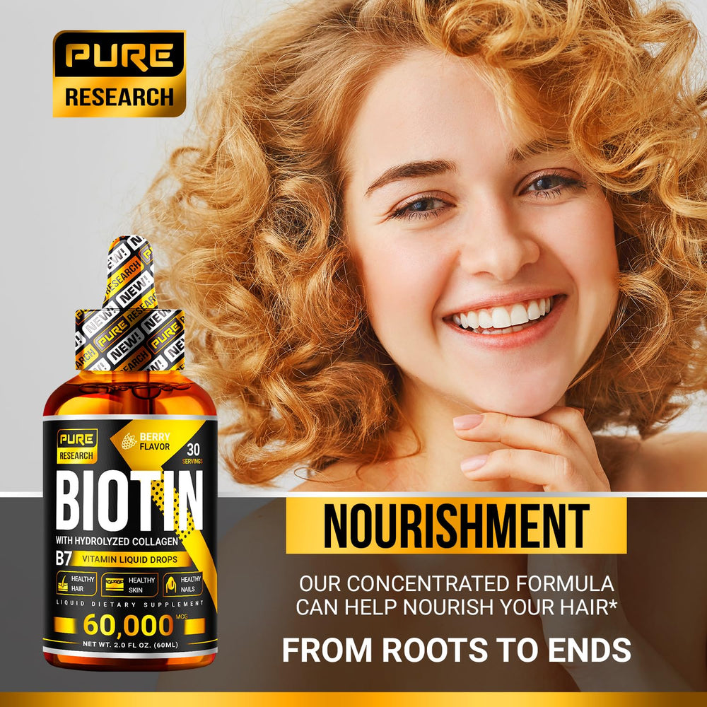 PURE RESEARCH Biotin & Collagen Drops supports hair, skin, nails with regular use.