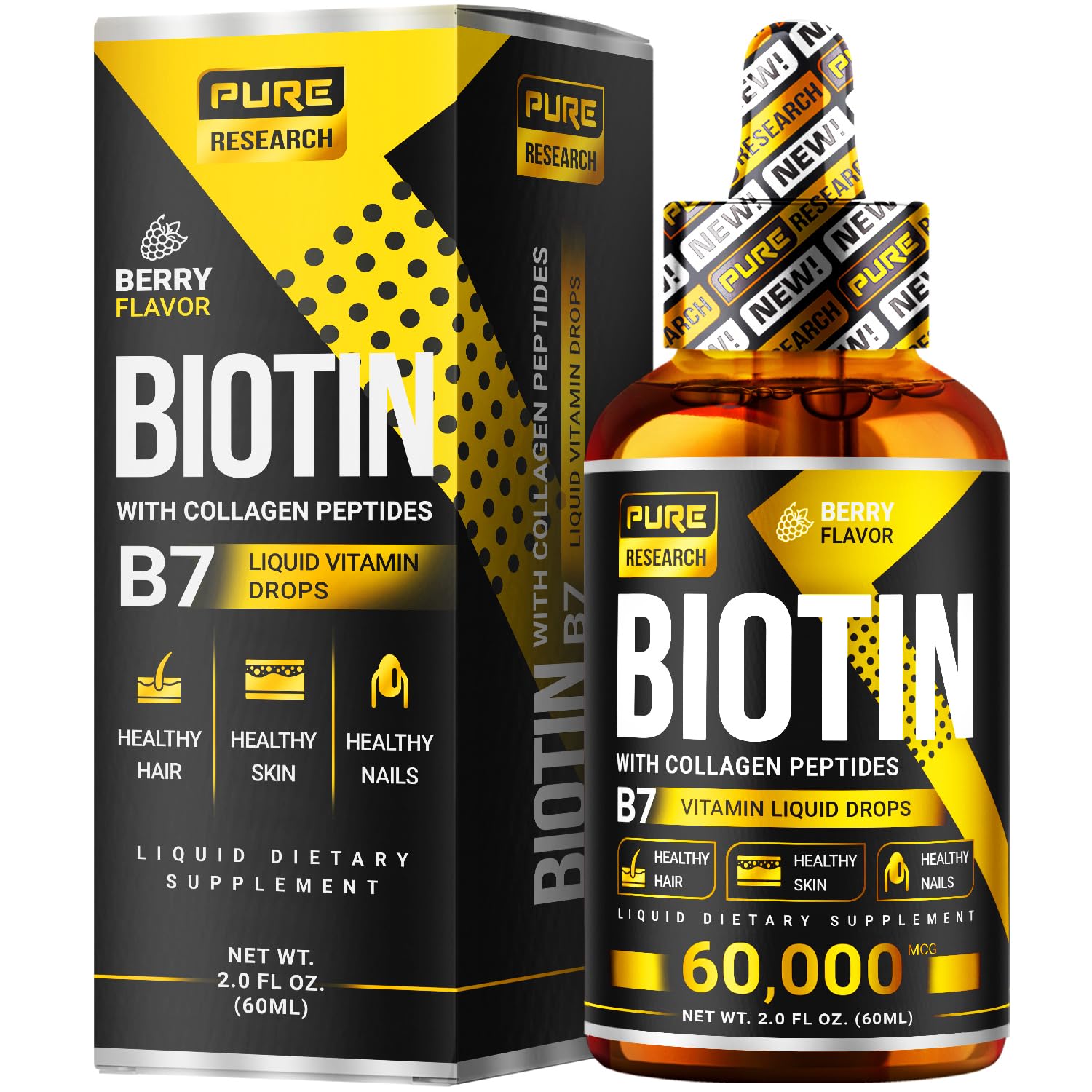 PURE RESEARCH Biotin & Collagen Drops label closeup shows gluten-free formulation.