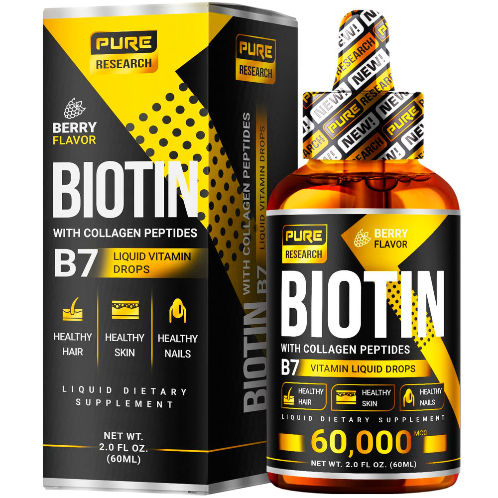PURE RESEARCH Biotin & Collagen Drops label closeup shows gluten-free formulation.