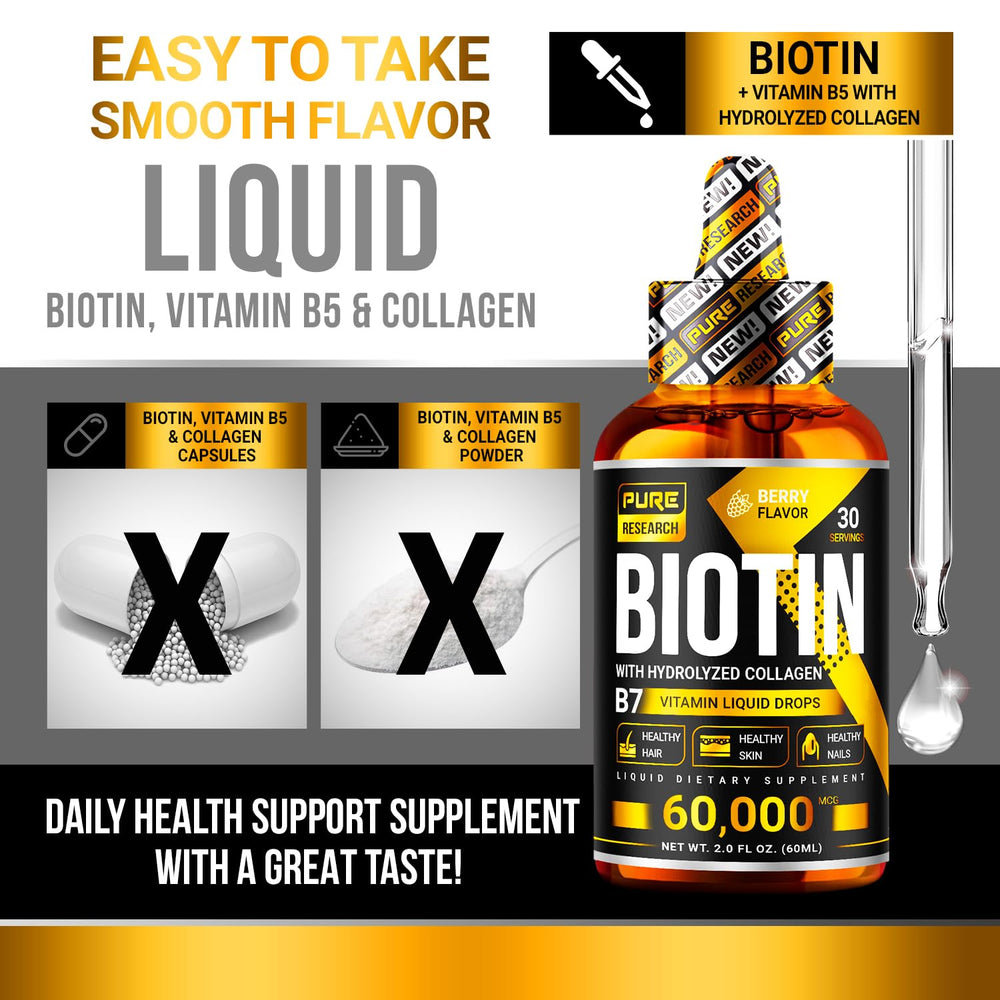 PURE RESEARCH Biotin & Collagen Drops pour shows smooth liquid easy to ingest.