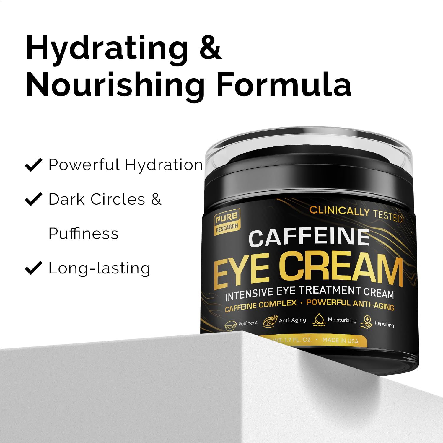 Pure Research caffeine eye cream packaging concept with key ingredients.