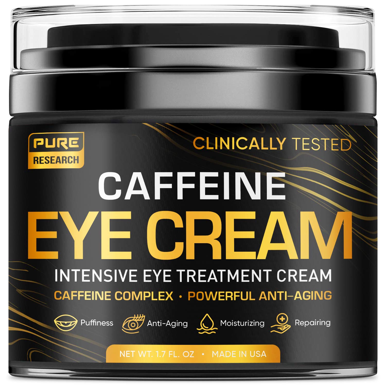 Pure Research caffeine eye cream jar close-up highlighting rich hydration.