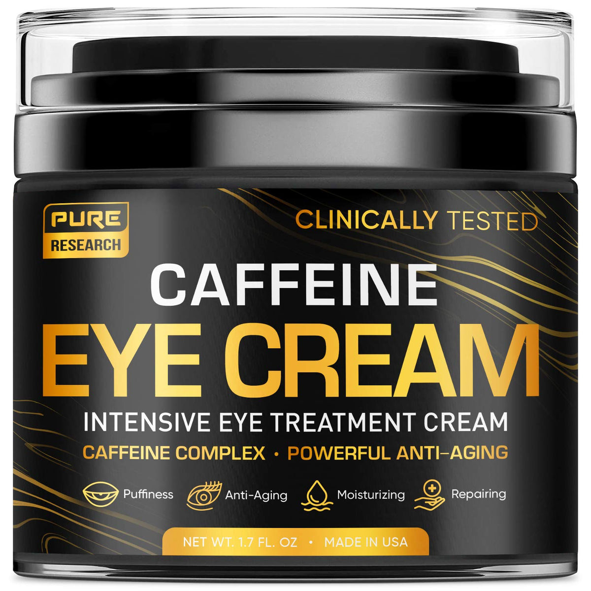 Pure Research caffeine eye cream jar close-up highlighting rich hydration.