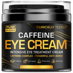 Pure Research caffeine eye cream jar close-up highlighting rich hydration.