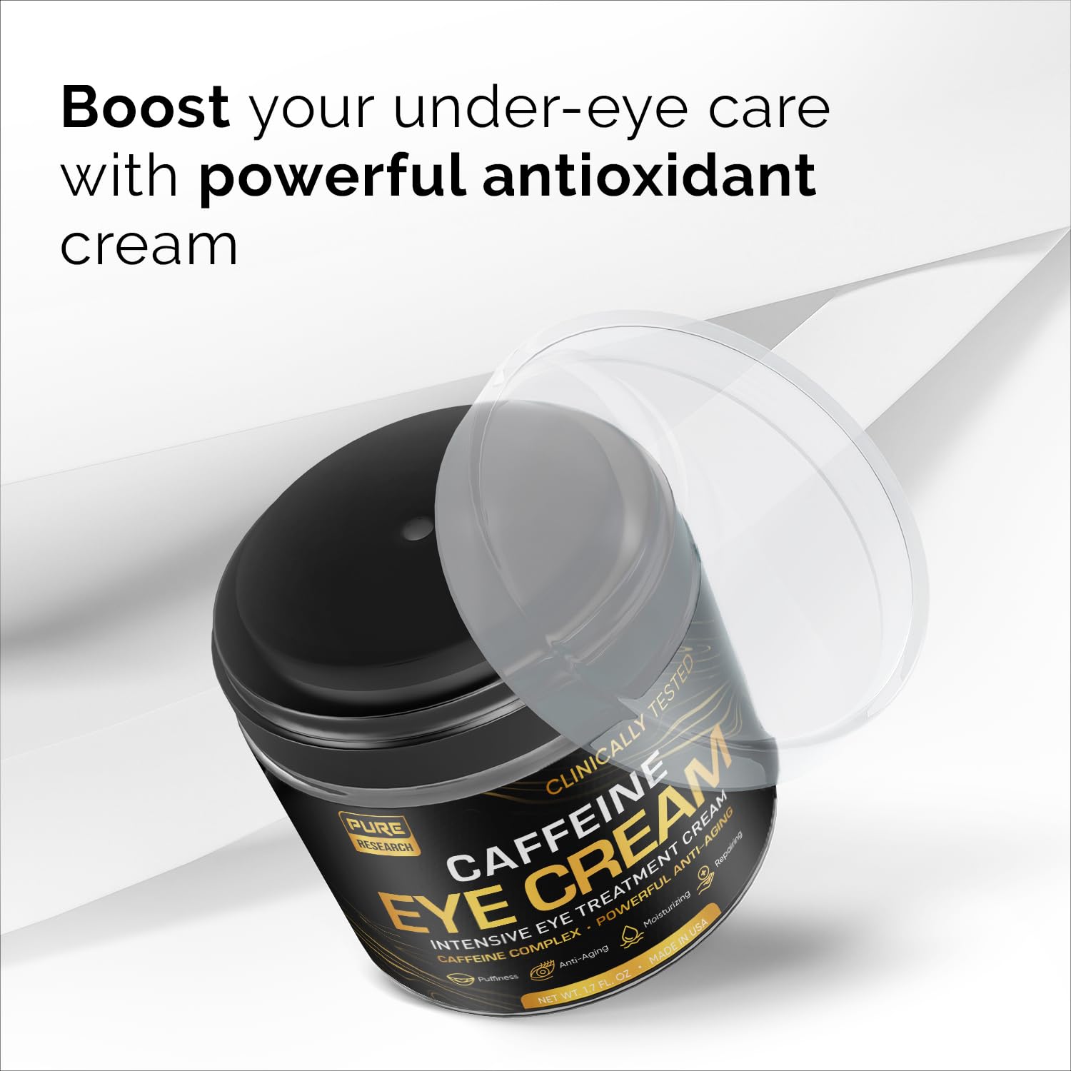 Pure Research caffeine eye cream in daily skincare routine for brightness and hydration.