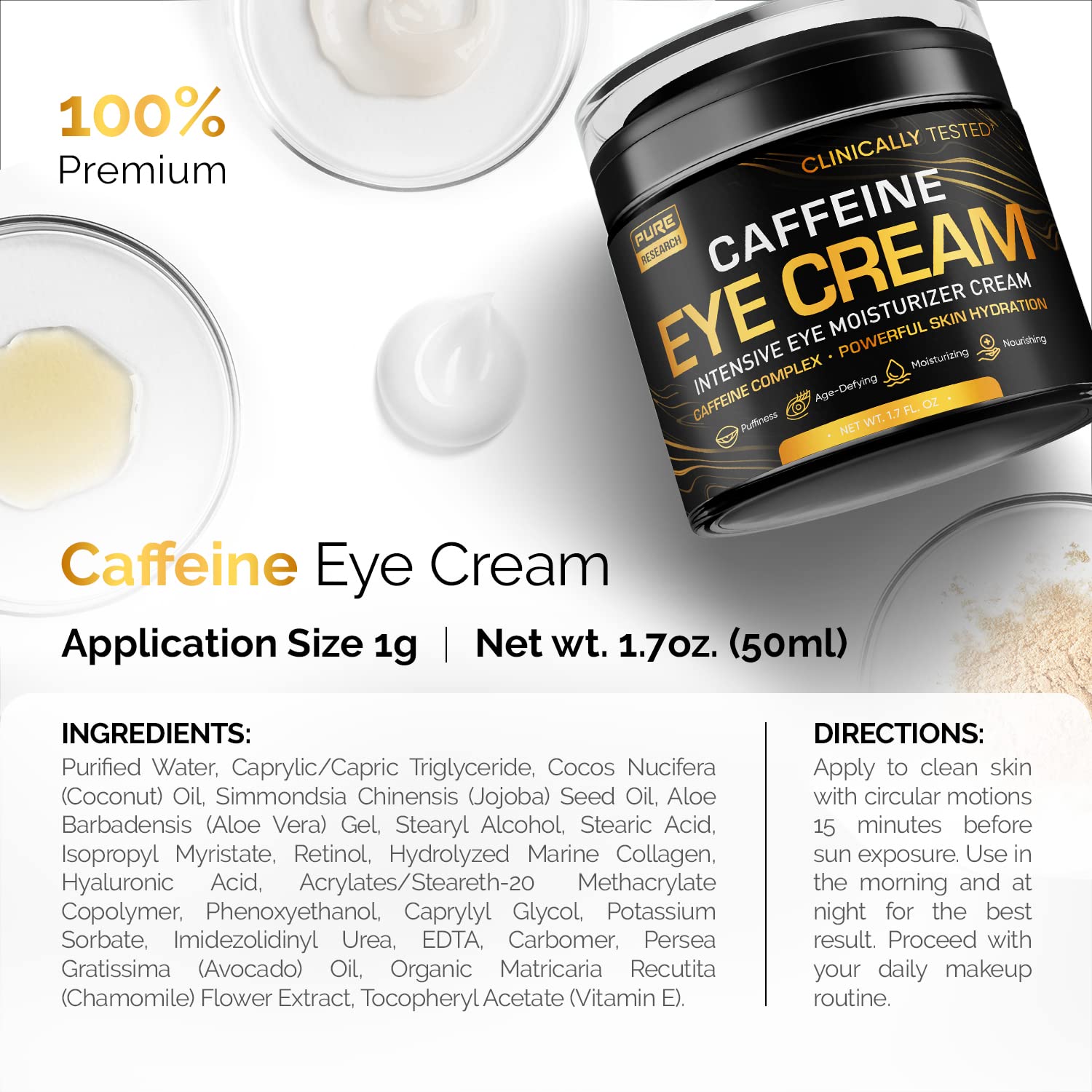 Pure Research caffeine eye cream applied under-eye for hydration.
