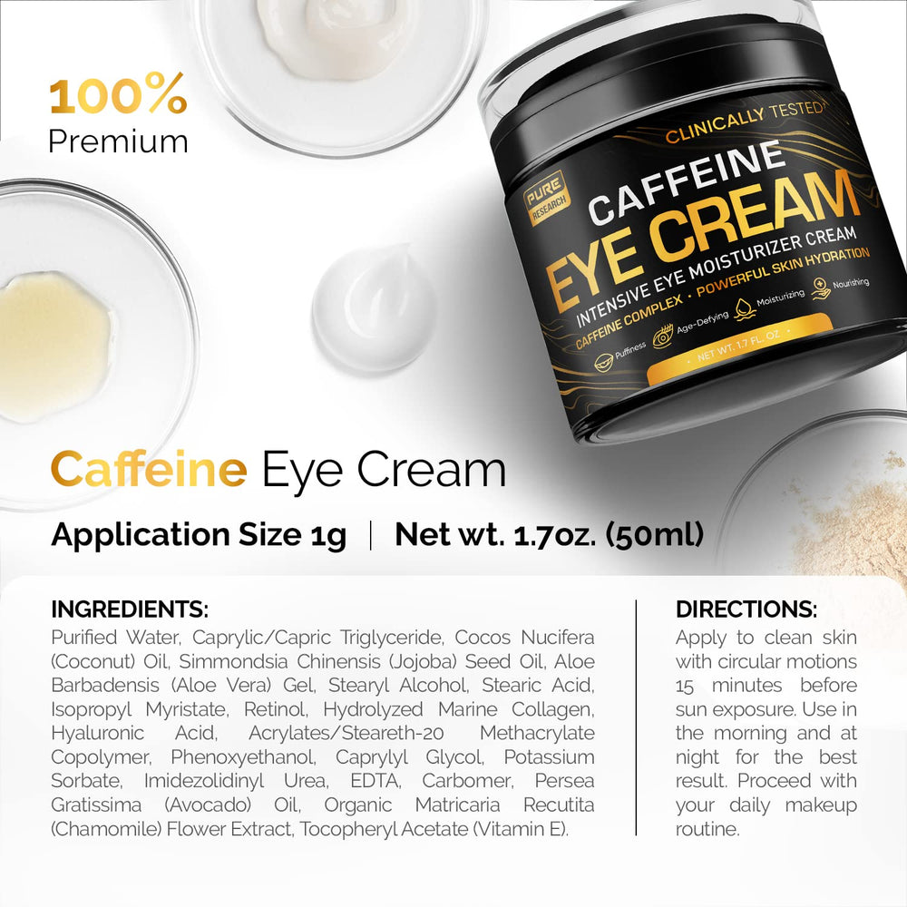 Pure Research caffeine eye cream applied under-eye for hydration.