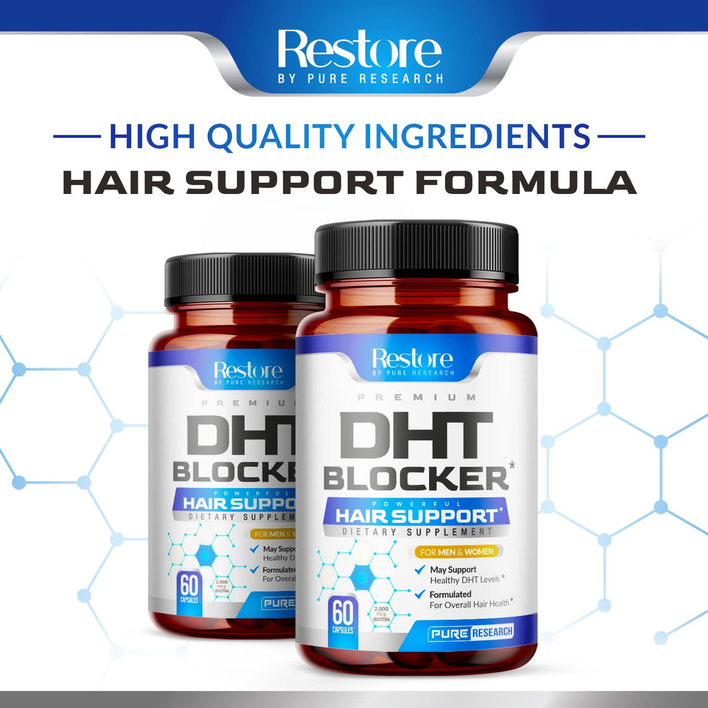 Pure Research DHT Blocker label detail shows iron biotin zinc.
