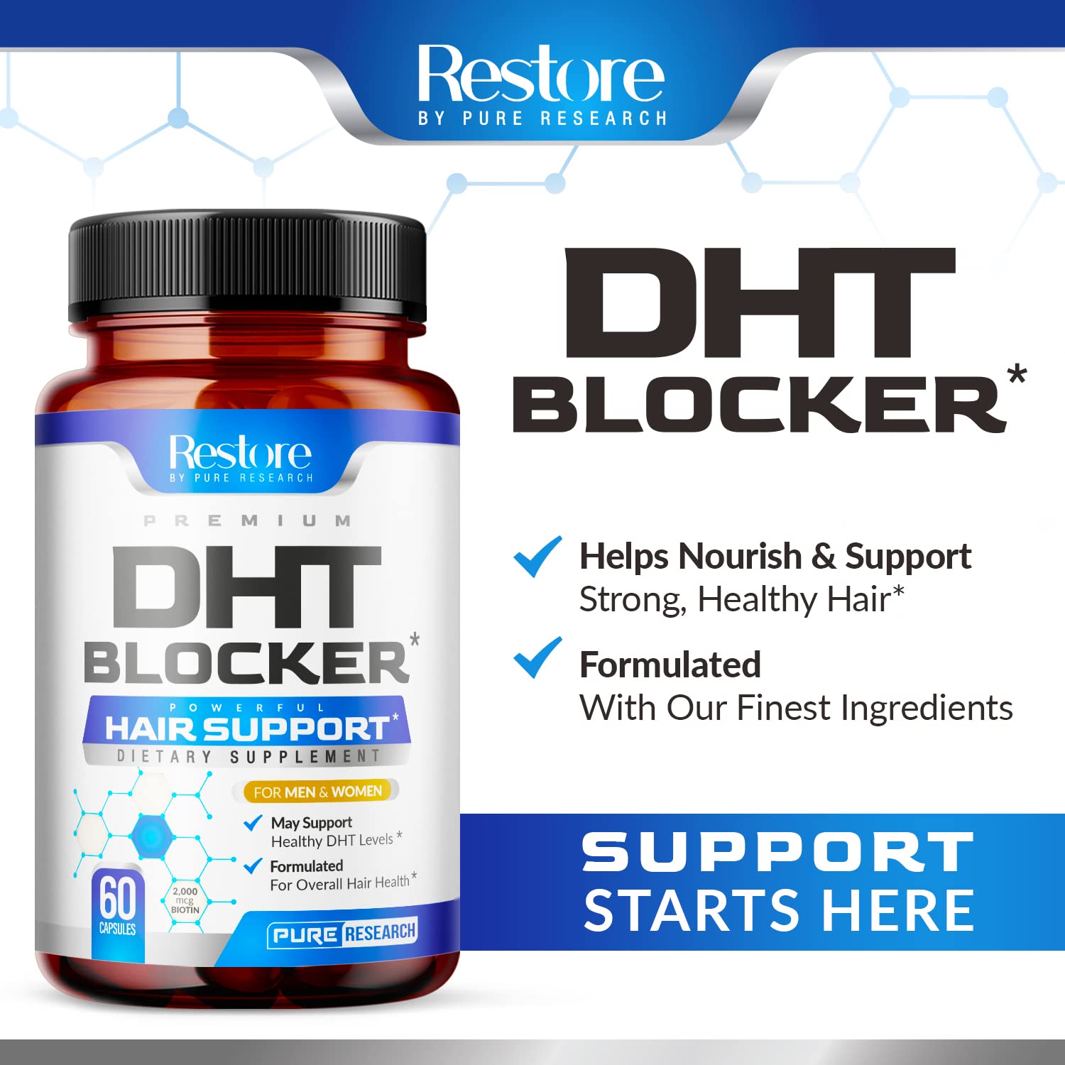Pure Research DHT Blocker label packaging highlights key nutrients.
