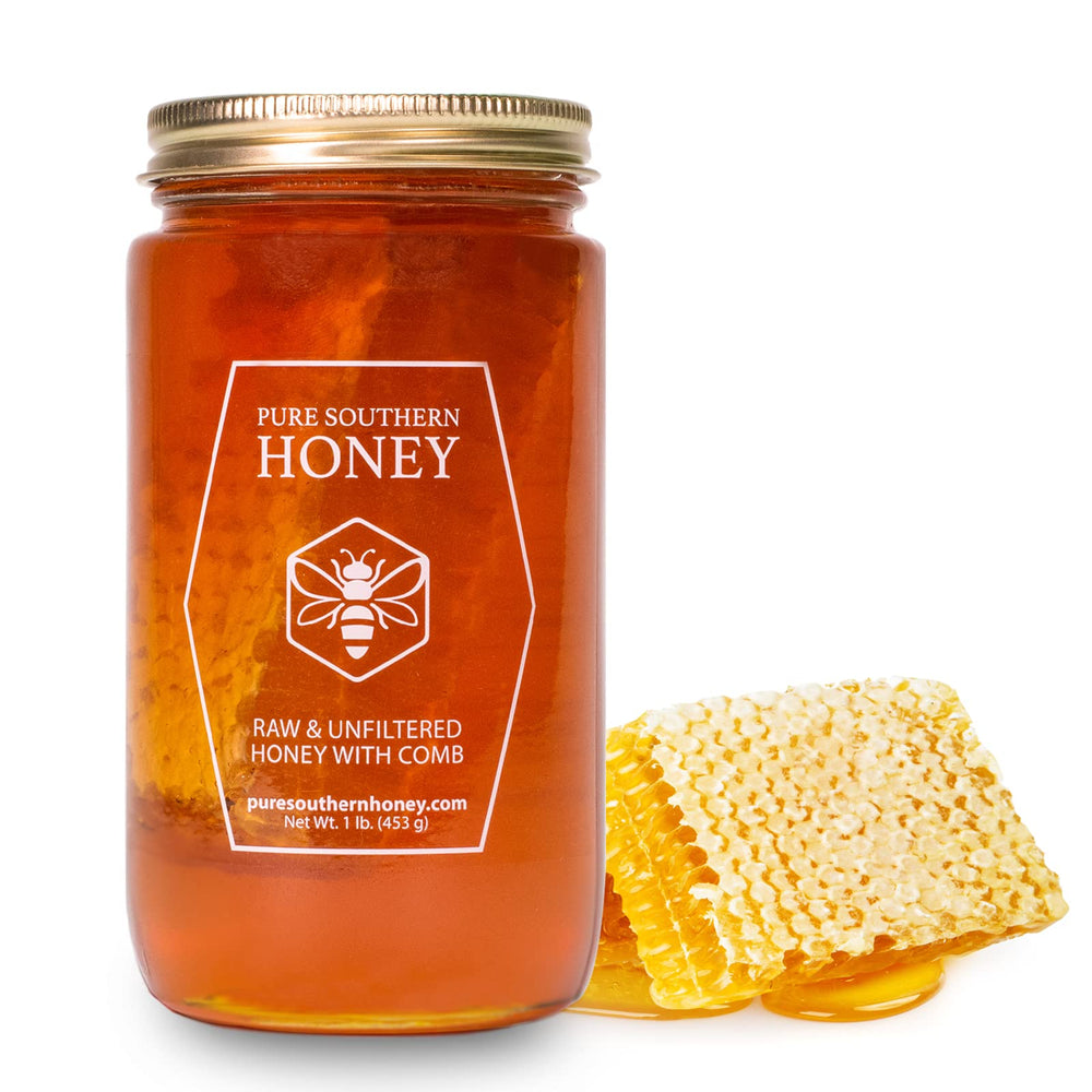 Pure Southern Honey jar with raw honey and honeycomb; perfect for tea sweetening