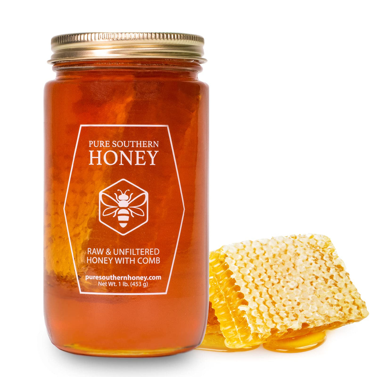 Pure Southern Honey jar with raw honey and honeycomb; perfect for tea sweetening