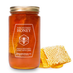 Pure Southern Honey jar with raw honey and honeycomb; perfect for tea sweetening