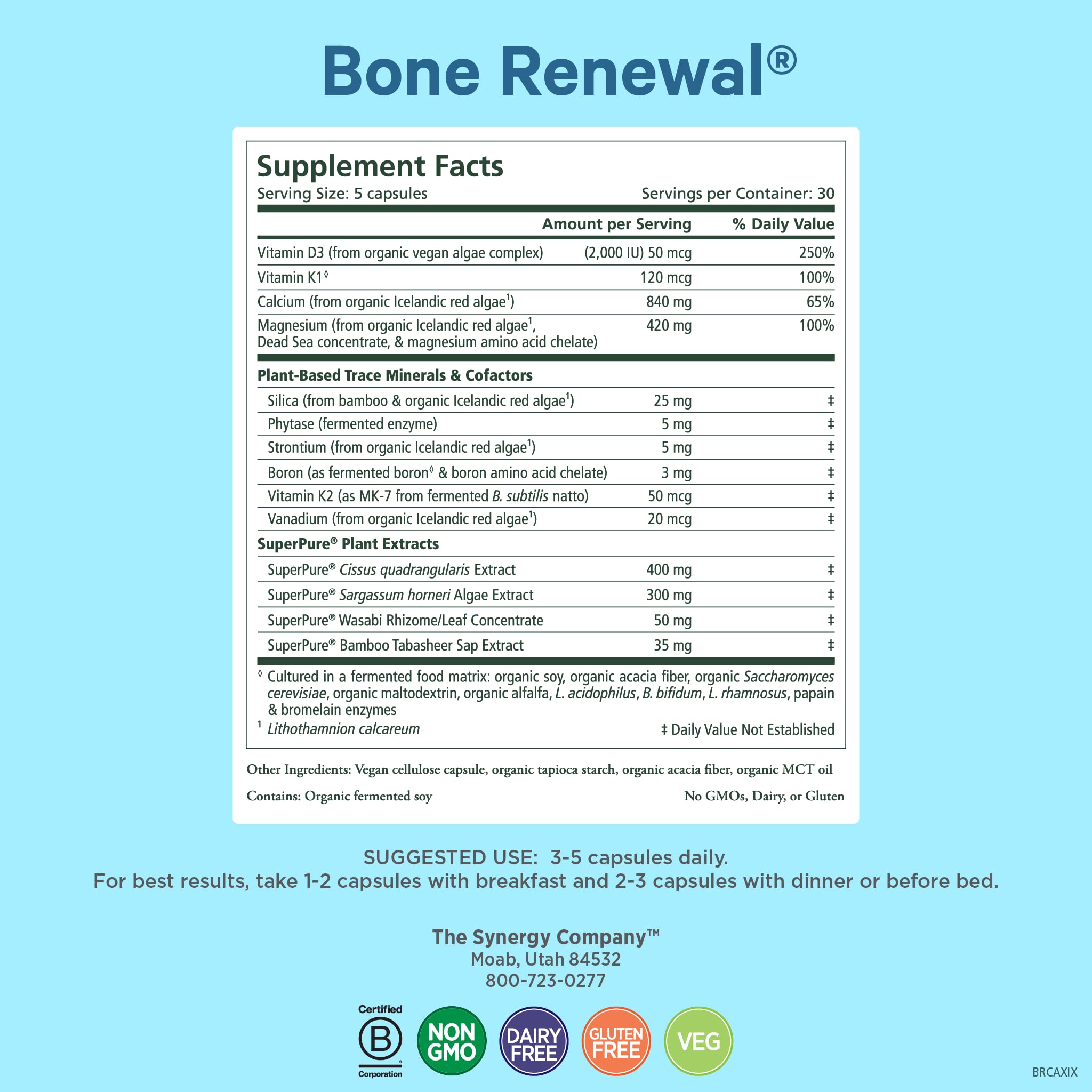 PURE SYNERGY Bone Renewal capsules close-up highlighting vegan calcium with co-factors