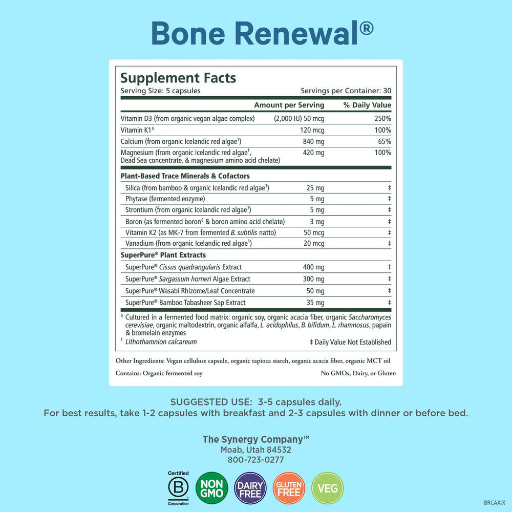 PURE SYNERGY Bone Renewal capsules close-up highlighting vegan calcium with co-factors