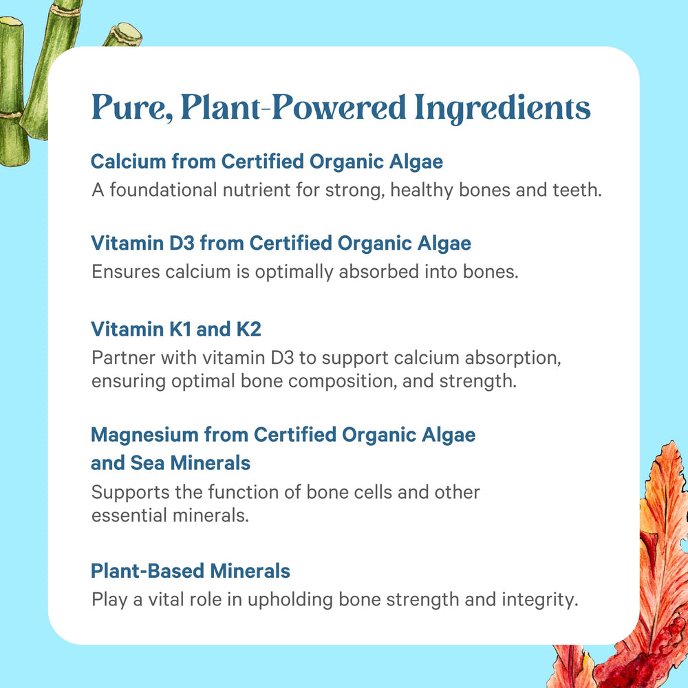 PURE SYNERGY Bone Renewal ingredients graphic emphasizing 72 trace minerals and plant-based calcium