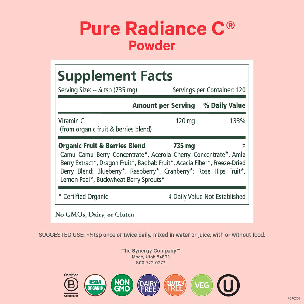Pure Synergy Pure Radiance C jar with scoop, convenient collagen-friendly routine