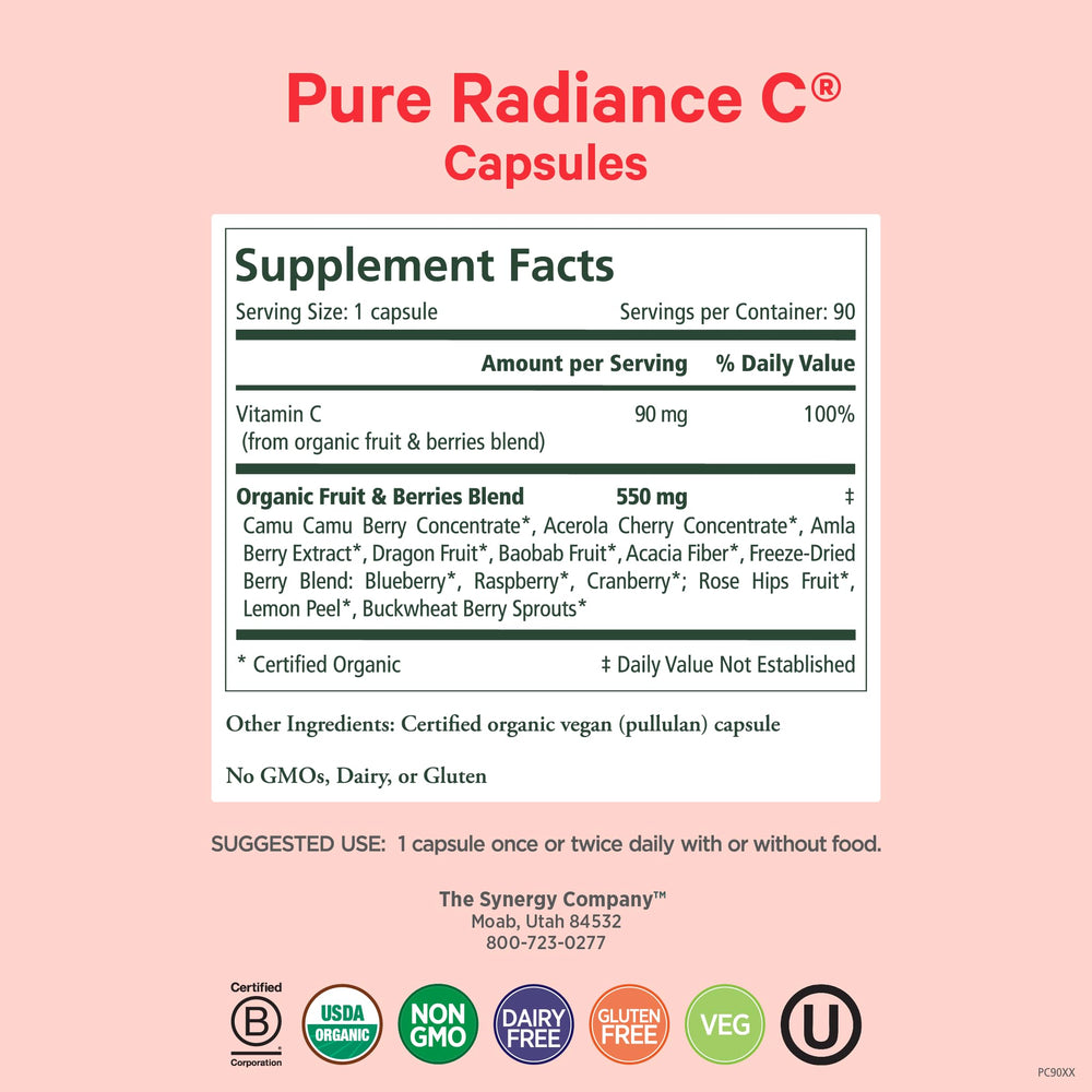 PURE SYNERGY Pure Radiance C ingredients panel highlighting organic fruits