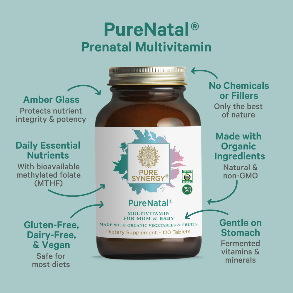 Pure Synergy Purenatal label showing organic ingredients and vegan, gluten-free credentials