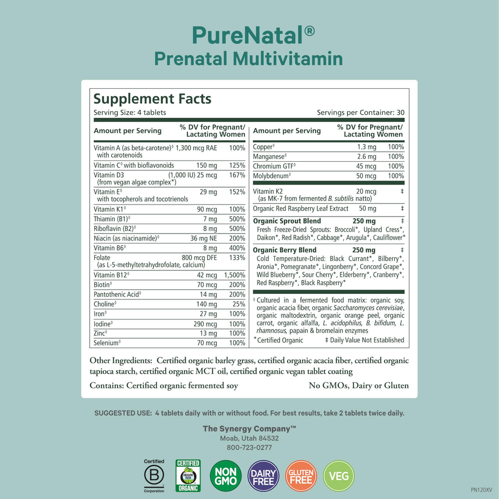 Close-up of Pure Synergy Purenatal tablets highlighting gentle iron and folate