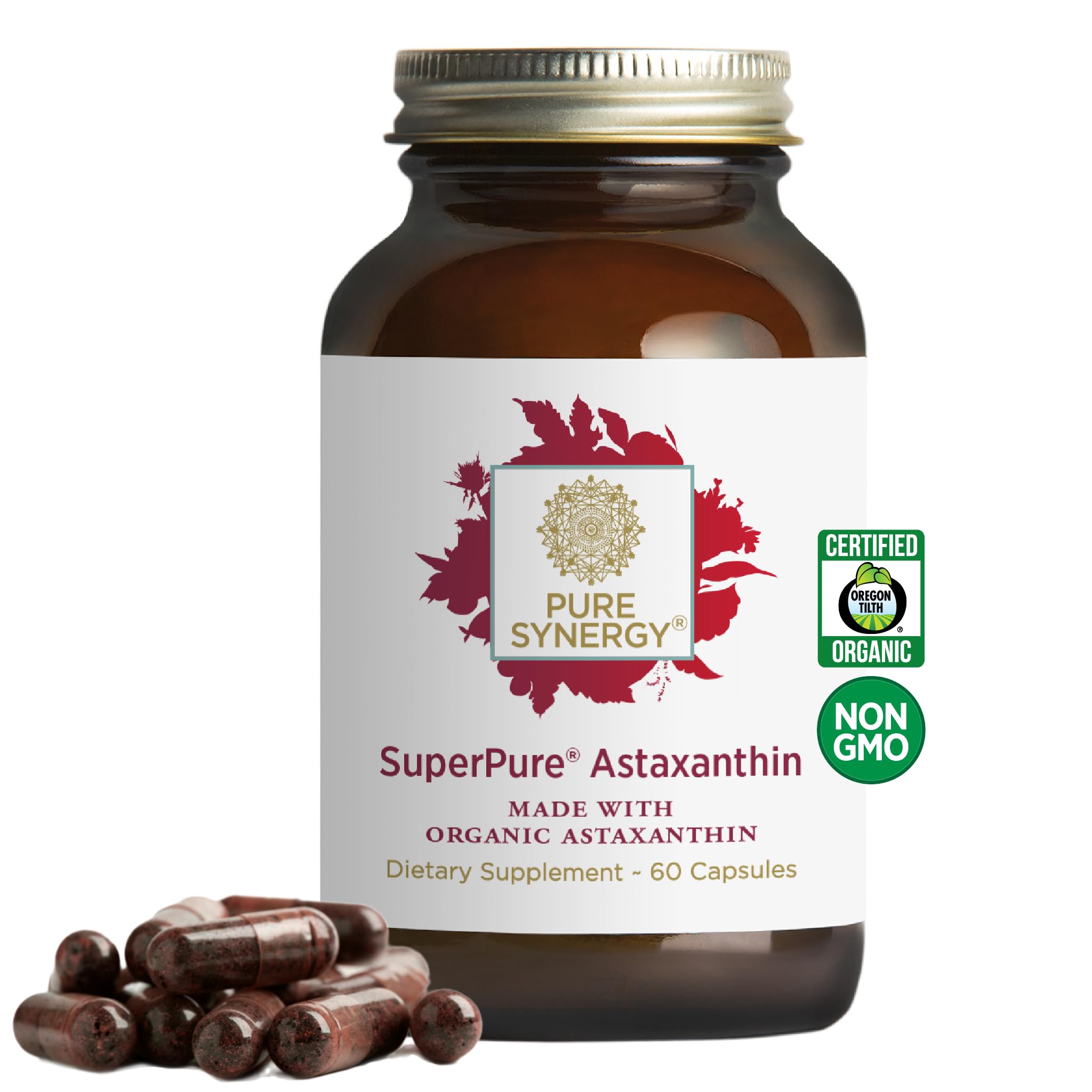 Pure Synergy SuperPure astaxanthin softgel bottle for daily antioxidant support.
