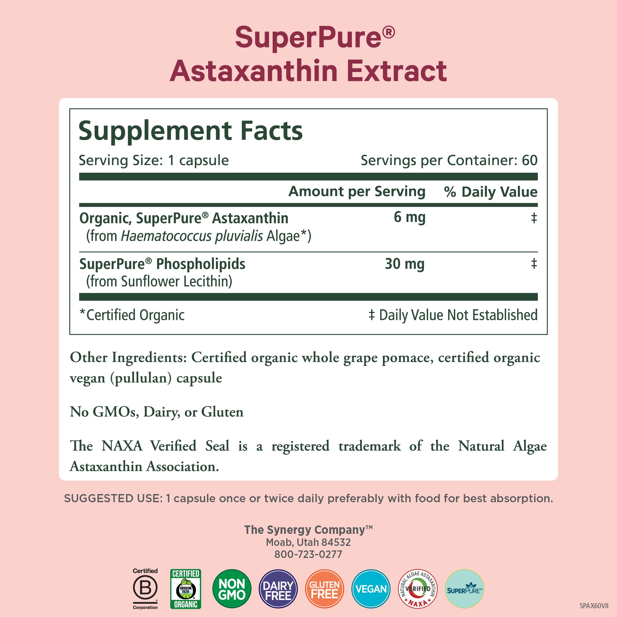 Close-up of Pure Synergy SuperPure label highlights certified organic formula.