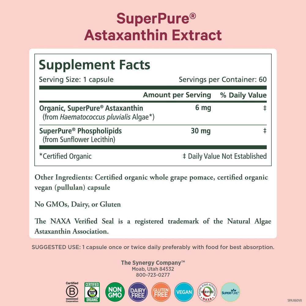 Close-up of Pure Synergy SuperPure label highlights certified organic formula.