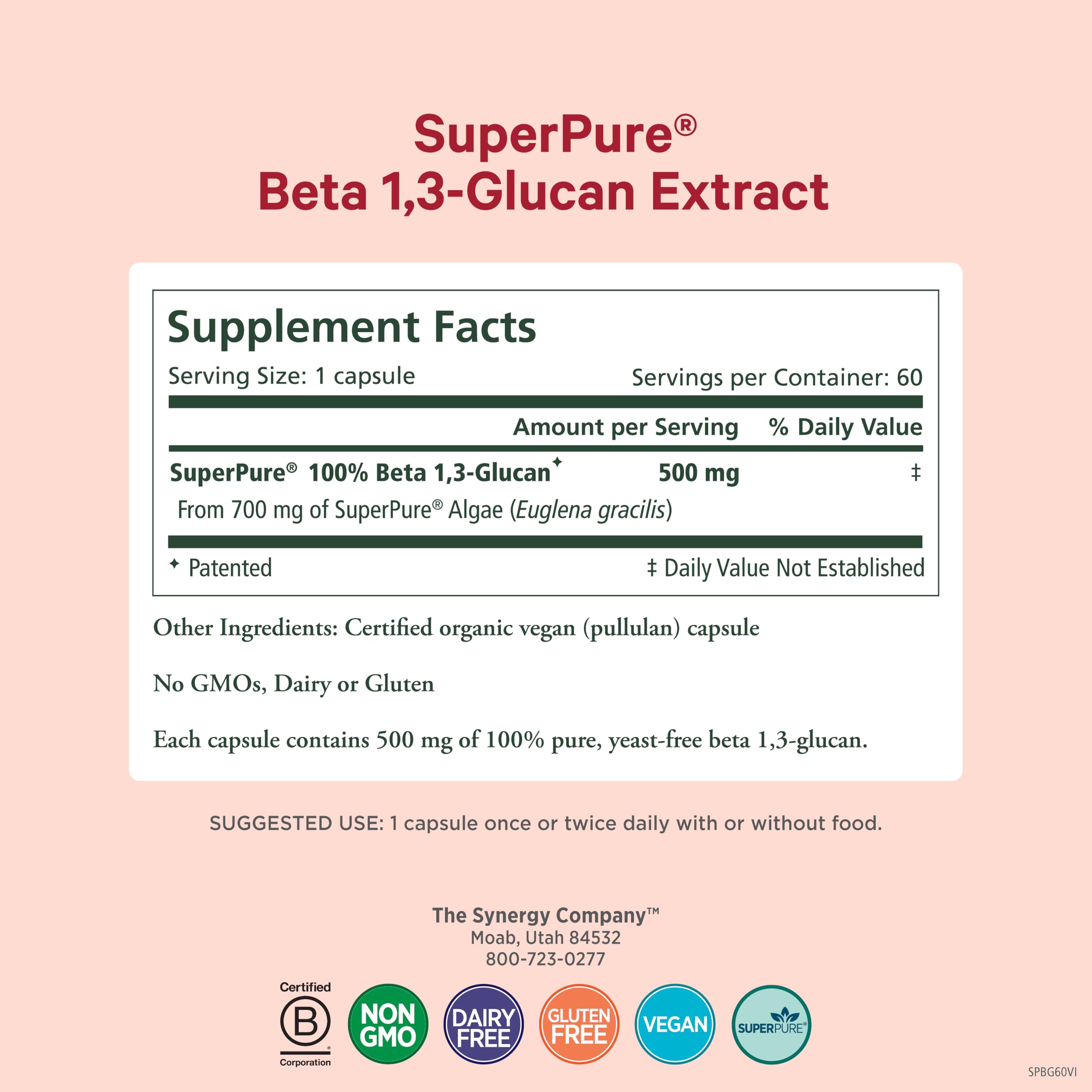 Pure Synergy SuperPure capsules close-up highlighting yeast-free algae-derived beta glucans.
