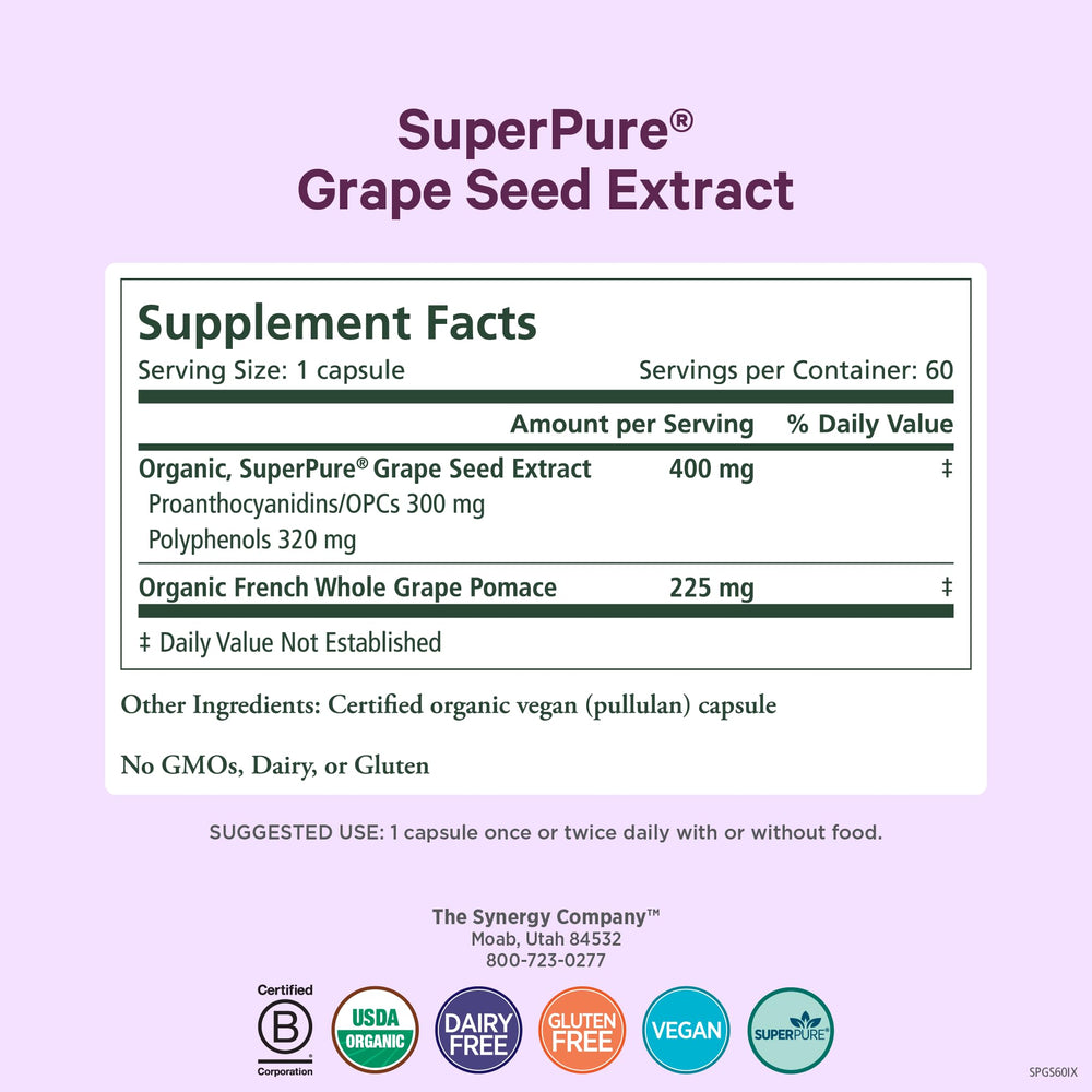 Pure Synergy SuperPure grape seed extract packaging highlighting organic ingredients