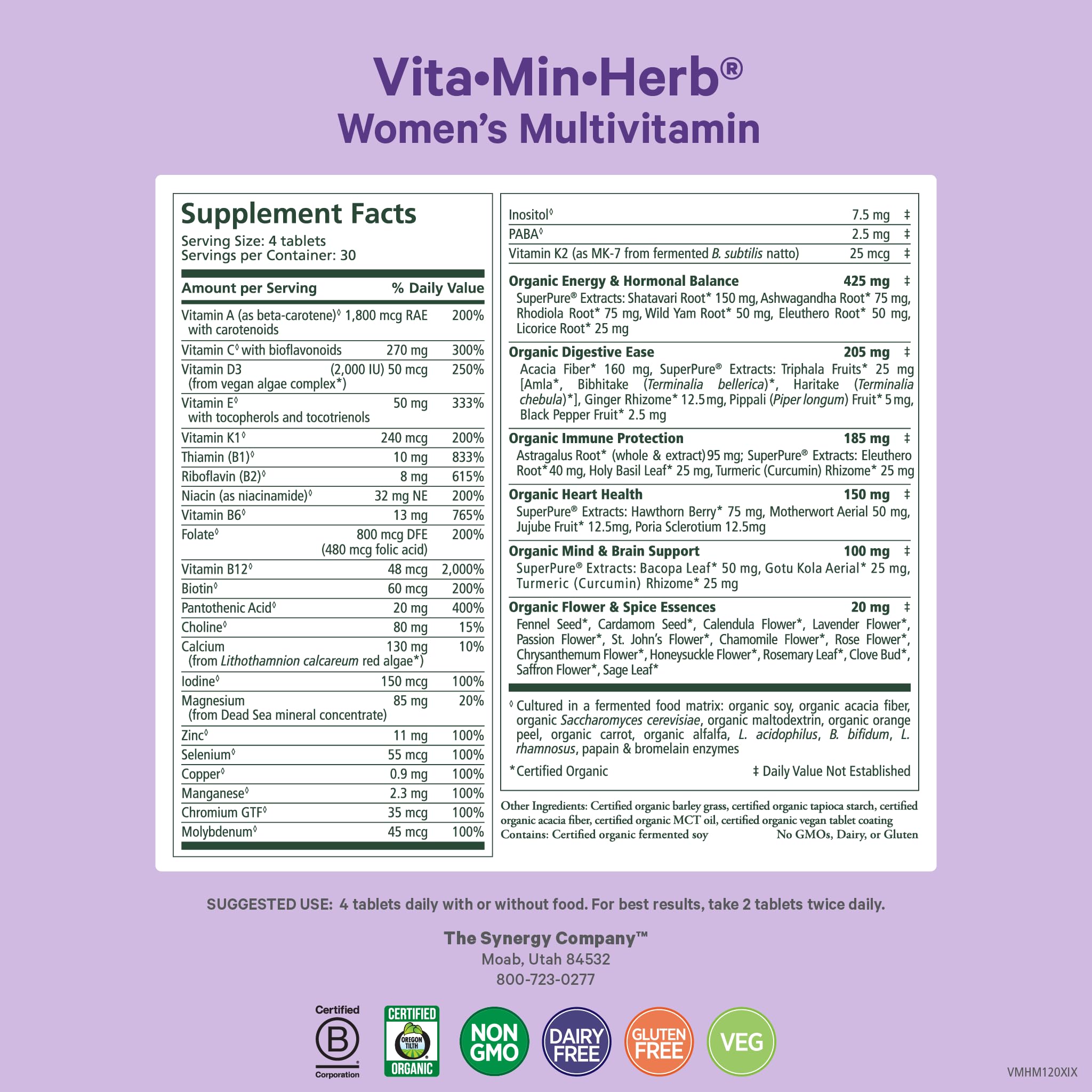 PURE SYNERGY Vita Min Herb tablets close-up highlighting vegan, organic nutrients for daily vitality.