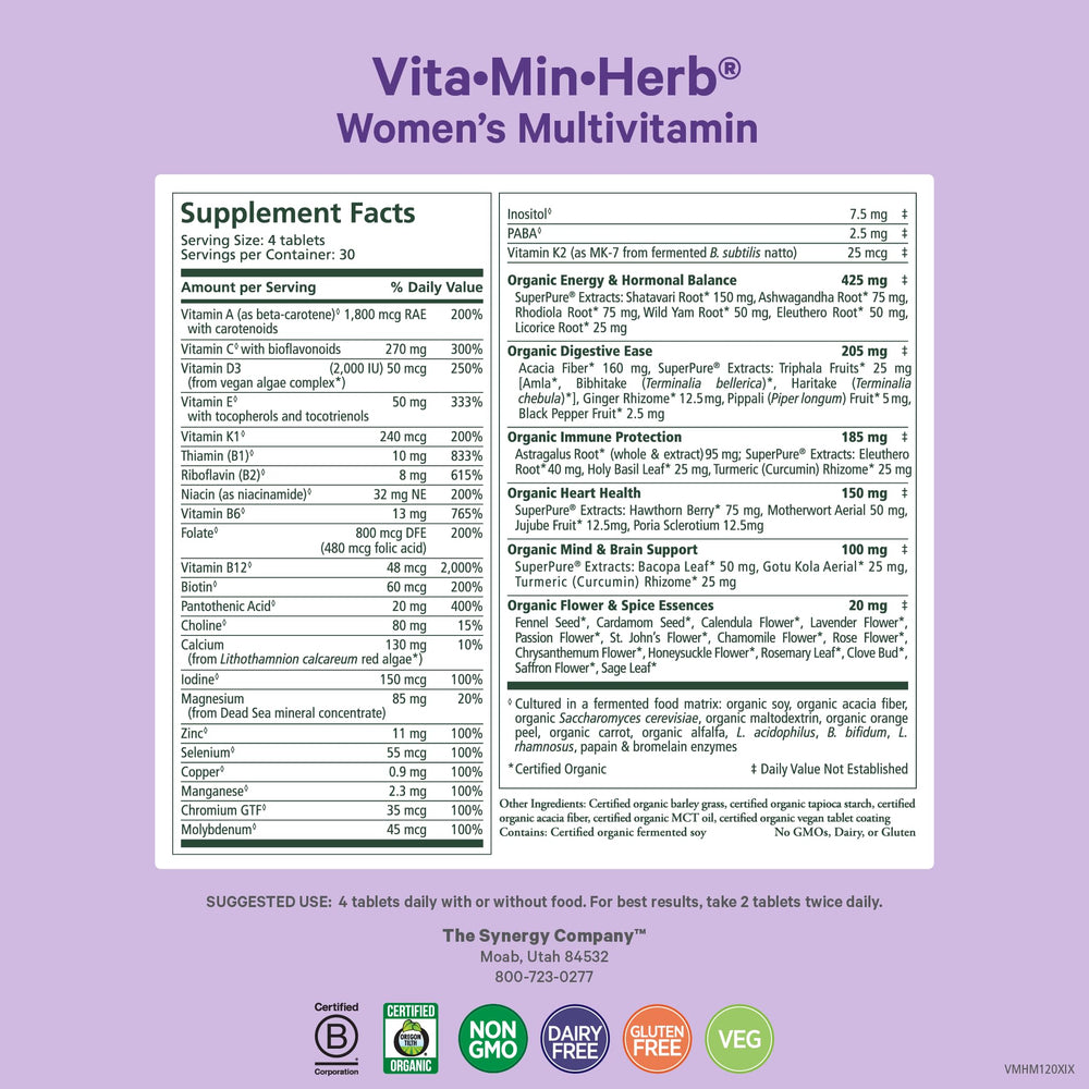 PURE SYNERGY Vita Min Herb tablets close-up highlighting vegan, organic nutrients for daily vitality.