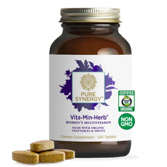 PURE SYNERGY Vita Min Herb women bottle shows daily multivitamin for balanced wellness.