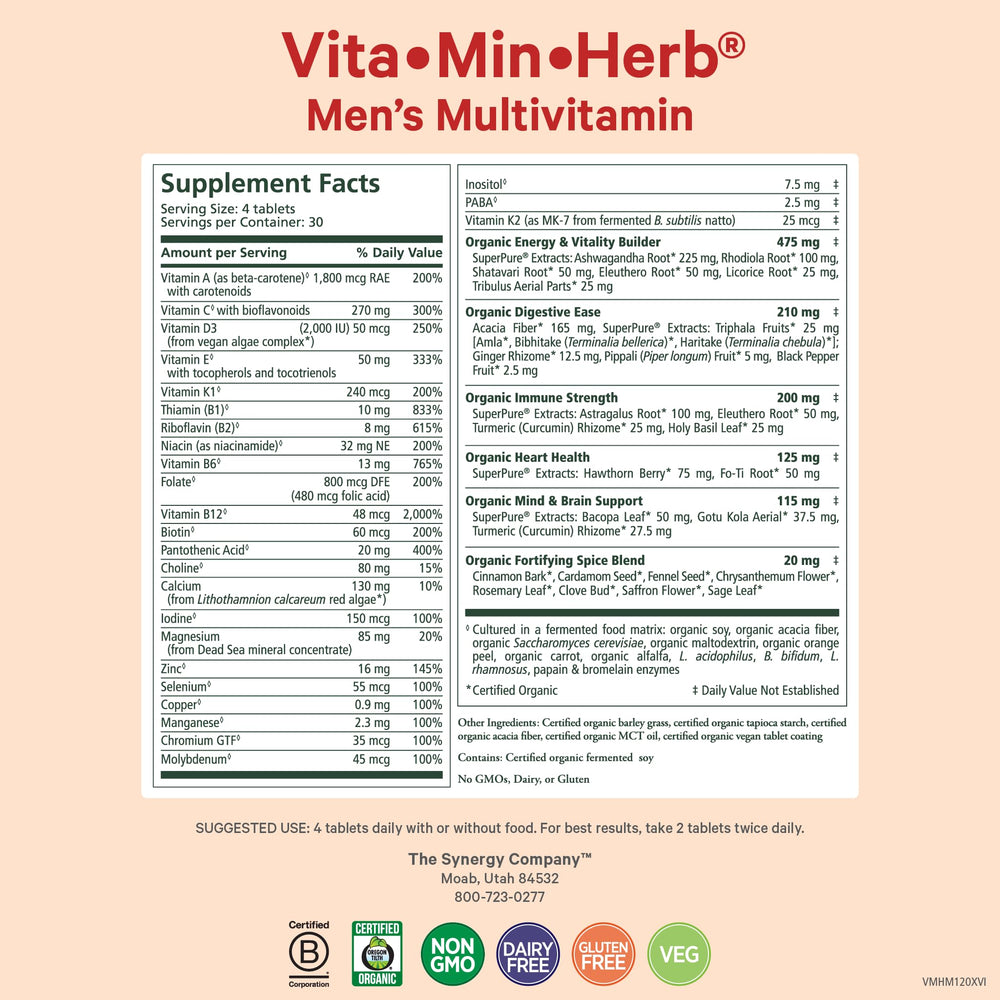 PURE SYNERGY Vita·Min·Herb for Men bottle front view highlighting organic ingredients