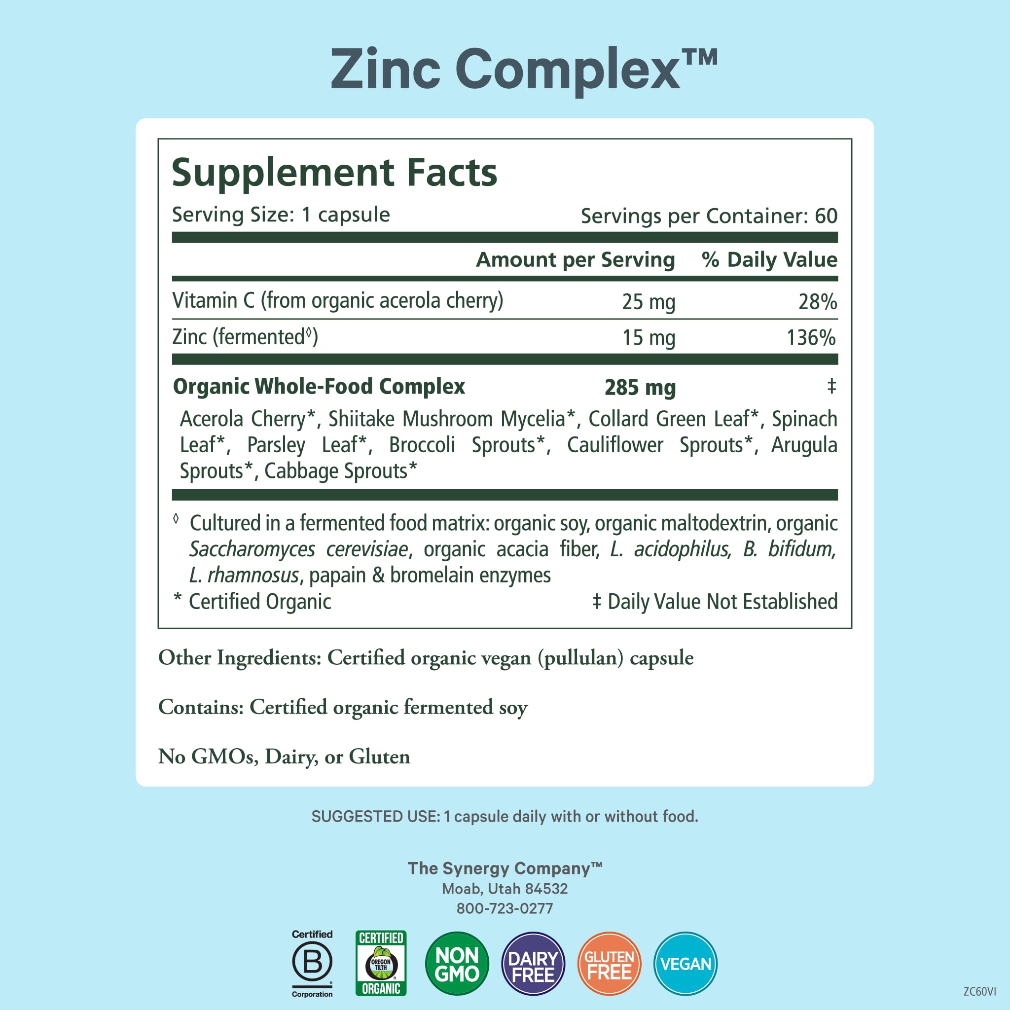 Pure Synergy Zinc Complex capsules close-up, gentle digestion with vegan cofactors.