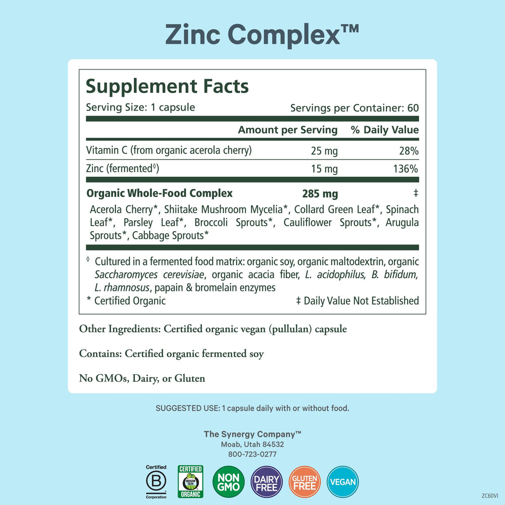 Pure Synergy Zinc Complex capsules close-up, gentle digestion with vegan cofactors.
