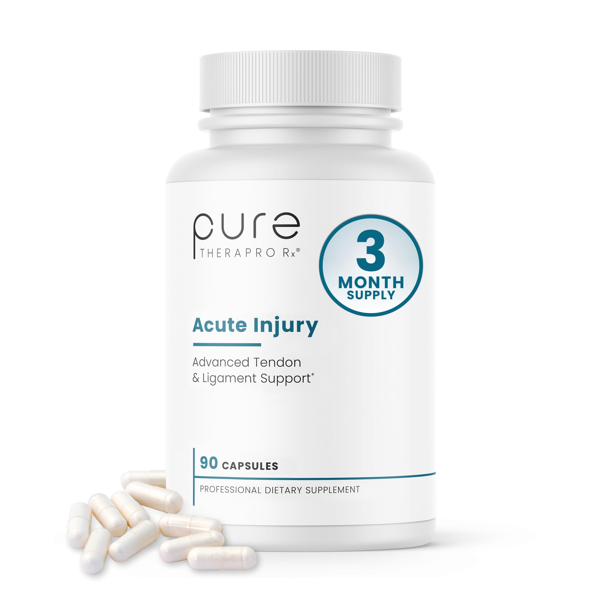 Pure Therapro Rx Acute Injury bottle shows a once-daily tendon support formula